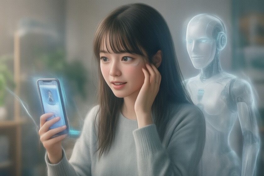 スマホでAIに相談する女性。背後にはAIが立っている。